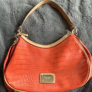 Nine West Orange Croc-Embossed Shoulder Bag with Tan Trim